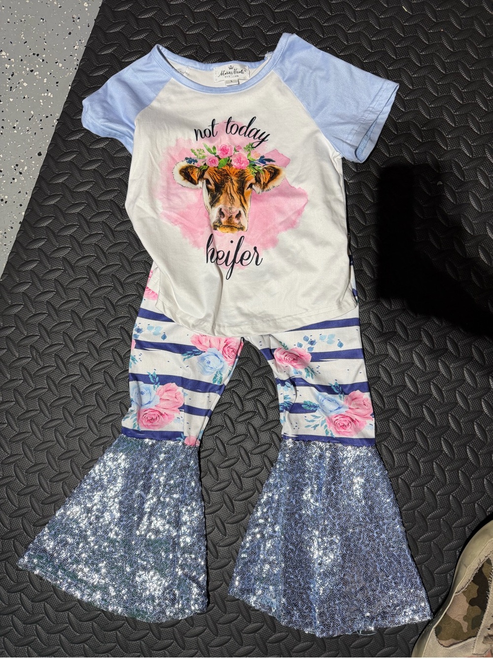 Kids Light Blue Floral Sequin Bell-Bottom Leggings Set